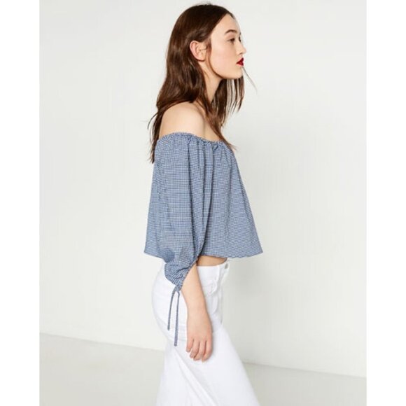 Zara Blue Gingham Off the Shoulder Cropped Blouse - Picture 2 of 6